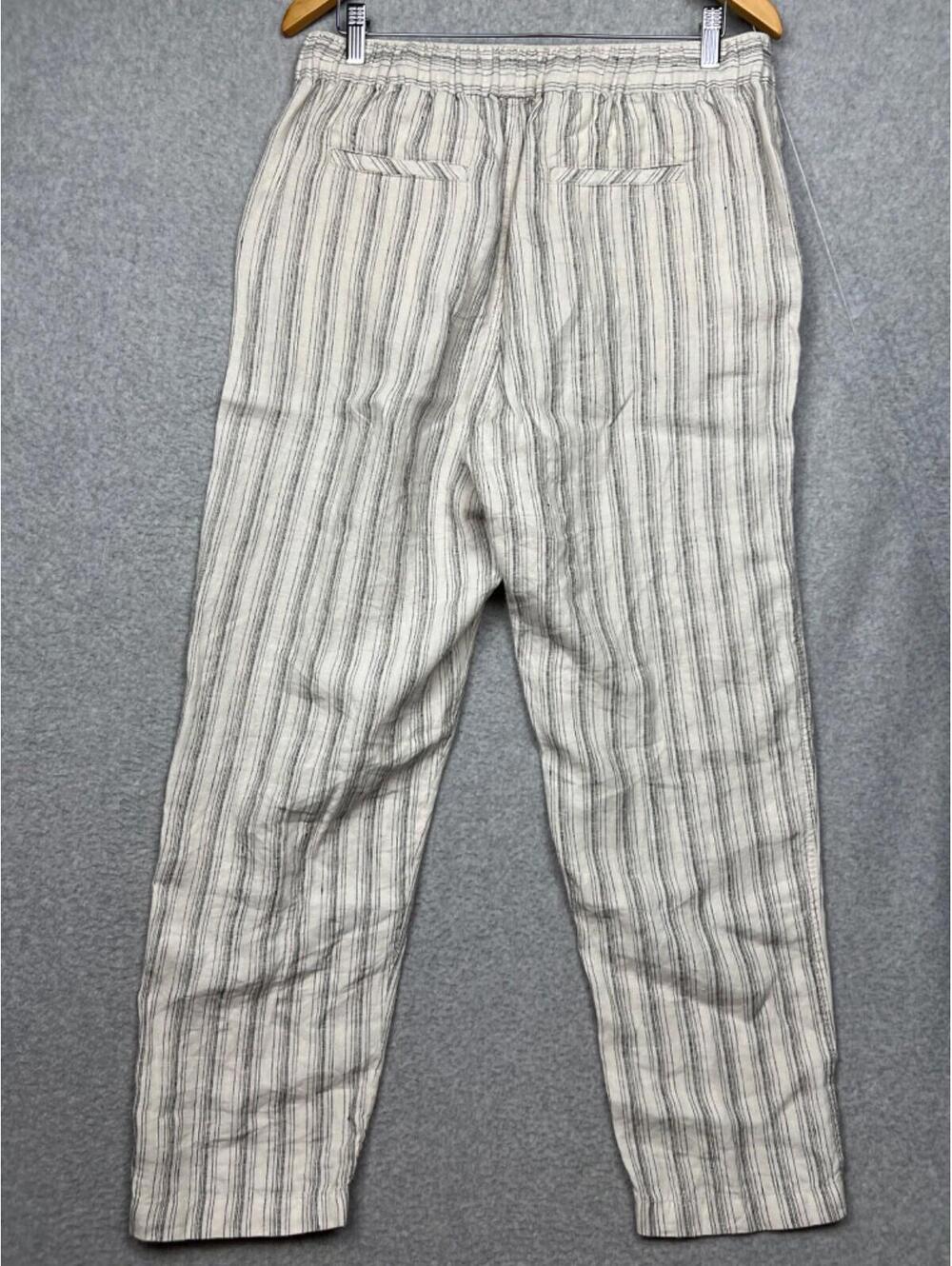 Tahari Linen Coastal Strip Pull On Pants Womens L Beach Minimalist Neutral - Picture 2 of 10